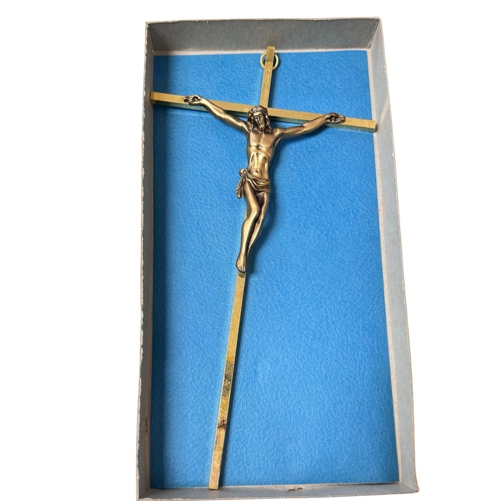 Vintage Brass and Silver Tone Metal Crucifix Wall Hanging INRI 10.25 Inch